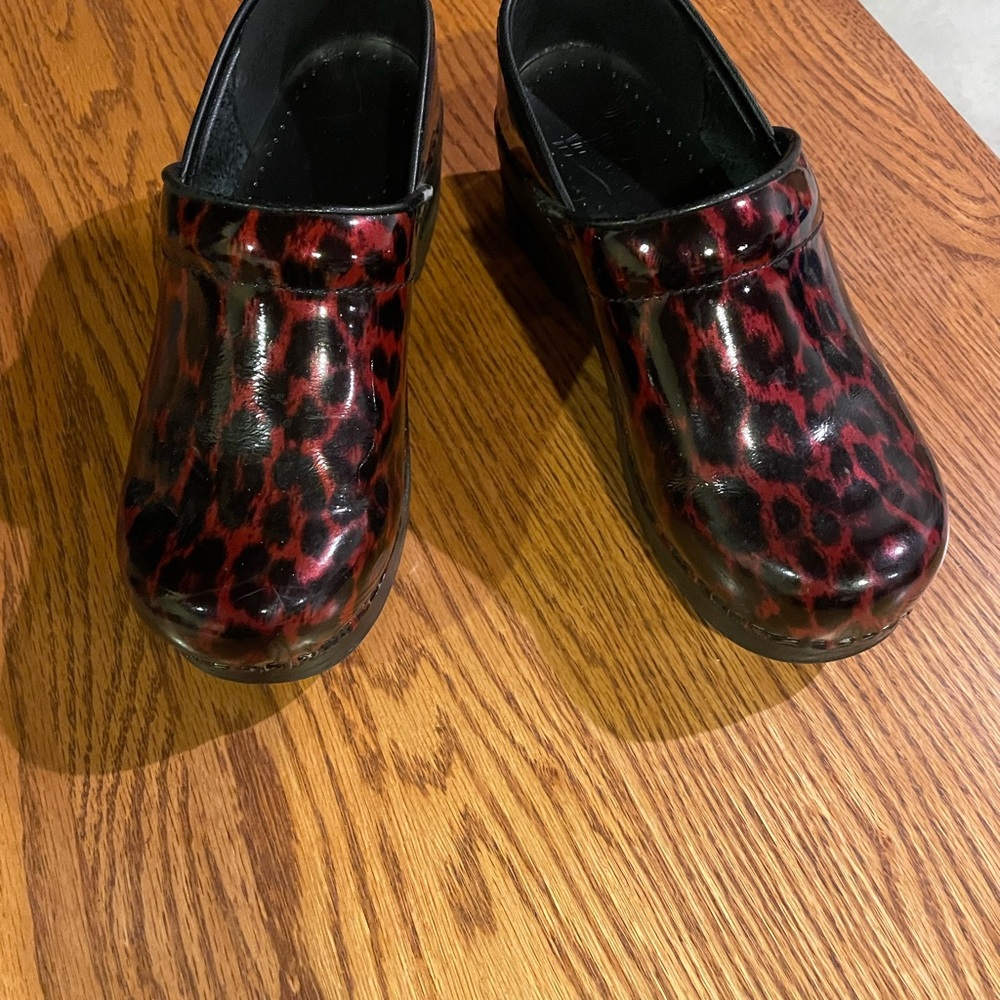 Dansko Red and Black Leopard Print Mules